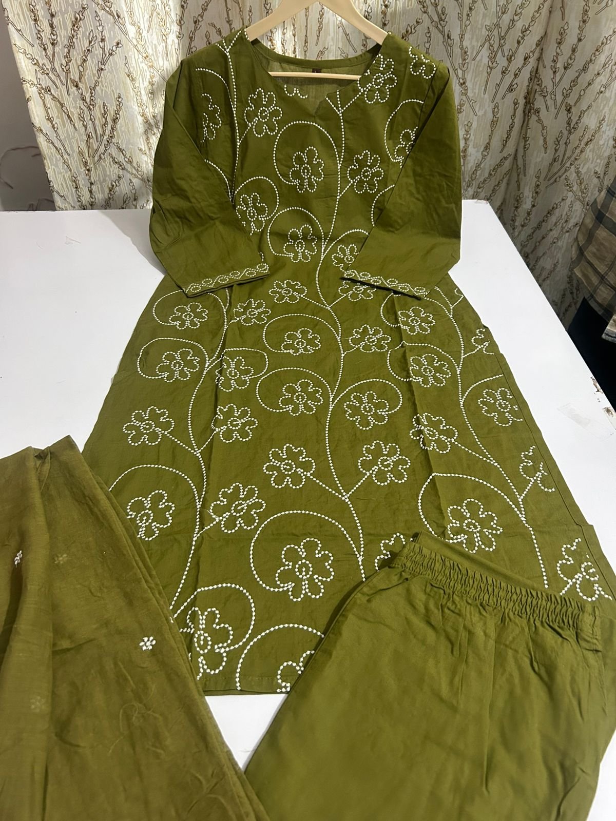 Green Cotton Embroidered Khadi Suit Set